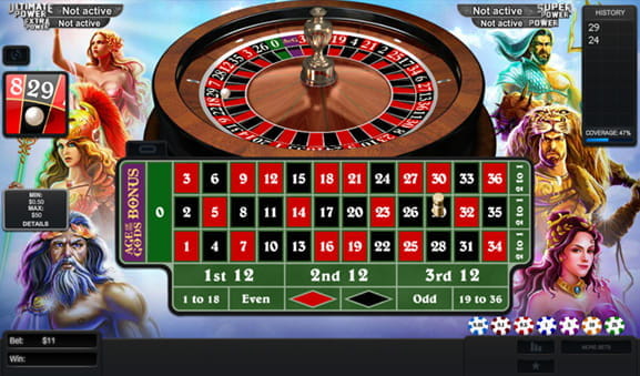 Den hvide kugle er landet på sort 29, og spillet venter på, at spilleren satser igen. Roulettehjulet og bordet er i midten. På venstre og højre side ses hver især tre guder.