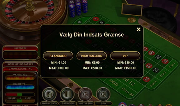 Et roulettebord hvor spilleren skal vælge mellem tre forskellige bordgrænser, inden at spillet går i gang.