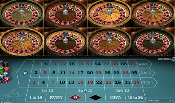 8 roulettehjul spinner i toppen af skærmen. Nederst på skærmen er bordet, hvorpå at spilleren har placeret deres indsats.