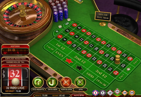 Et roulettebord hvor spilleren lige har afluttet en runde og vundet på 32 rød lige.