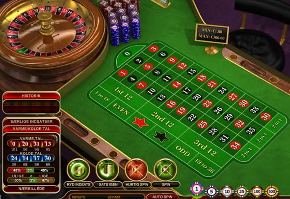 Roulettebord med hjul. Spilleren skal til at lave deres første indsats. Nederst i venstre hjørne ses de varme og kolde tal.