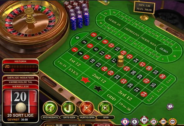Et roulettebord med roulettehjul hvor spilleren lige har angivet indsatser for den kommende runde.