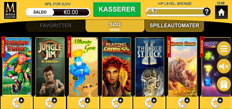 Her kan du i oversigtsform se, hvilke spil der er tilgængelige på Mega Casinos mobile tilbud
