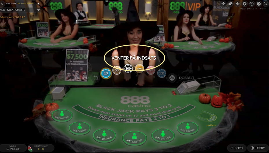 Eksempel på en indsats fra online live casino med blackjack
