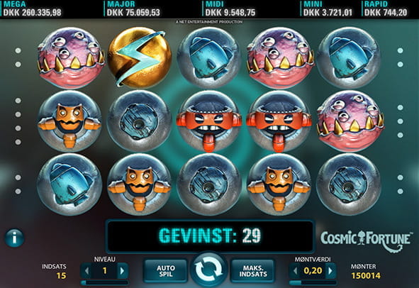 Eksempel fra spillet hvor du blandt andet kan se symbolerne bestående af diverse rumvæsner.