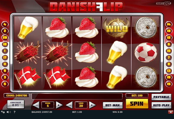 Tromlere og symboler på maskinen kan ses her. Der ses mange danske symboler såsom hotdogs og danske mønter.