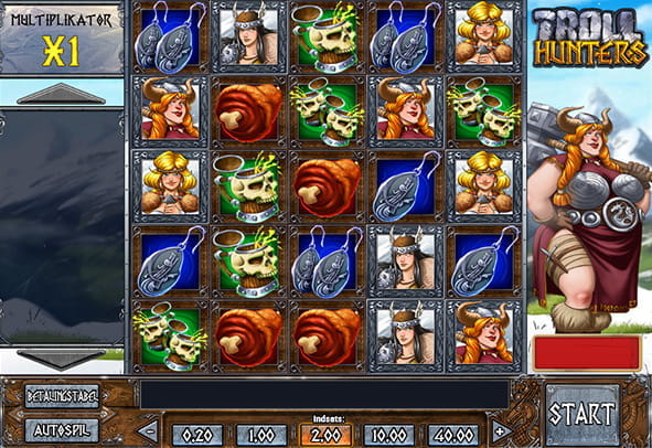 Eksempel fra maskinen når der spilles. Der ses både multiplikator-funktionen, tromlerne og en af vikingehovedpersonerne i spillet.