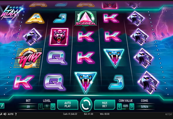 Her er et eksempel på Neon Staxx, som du kan spille hos nogle af de bedste operatører på det danske casino marked