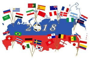 Alle deltagende landes flag til VM i Rusland i 2018 er stukket ned i et kort over Rusland.
