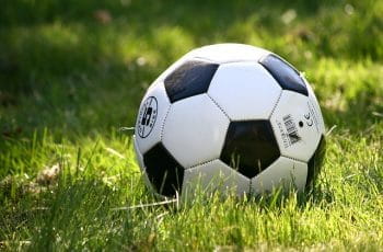 En fodbold på en græsplæne.